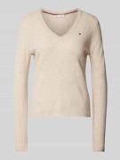 Tommy Hilfiger Wollpullover mit Logo-Stitching in Beige, Größe L