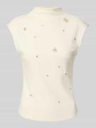 Zero Top mit Stehkragen und Ziersteinbesatz in Offwhite, Größe 40