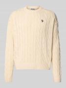 REVIEW Strickpullover mit Zopfmuster und Label-Stitching in Ecru, Größ...