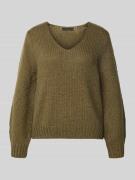 Oui Strickpullover mit V-Ausschnitt in Oliv, Größe 36