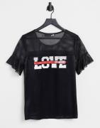 Love Moschino – T-Shirt in Schwarz mit Blusenärmeln aus Netzstoff